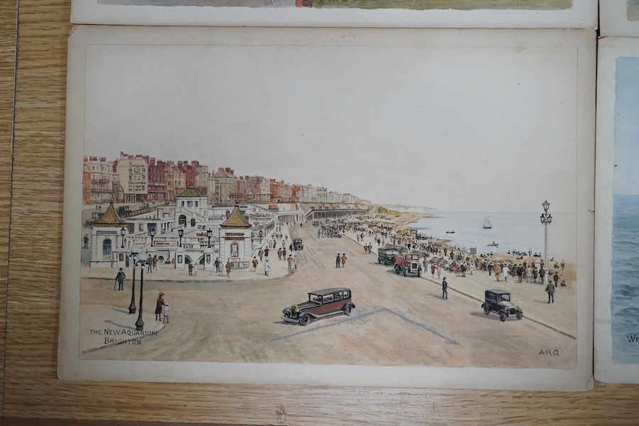 Alfred Robert Quinton (1853-1934), four original watercolours for postcards, Sussex views comprising The Pier, Bognor Regis, East Beach, Eastbourne, West Beach from the Pier and The New Aquarium Brighton, each signed, 20